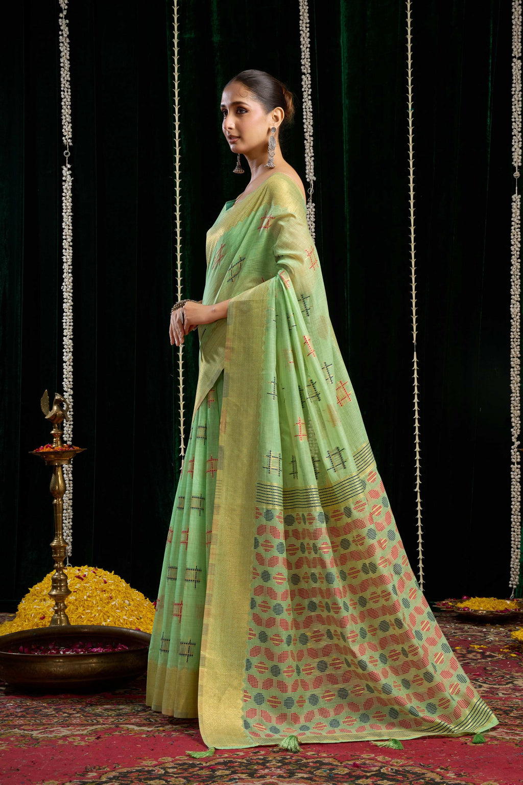Jyoti Fashion Women's Green Soft Spun Cotton Zari Woven Saree with Blouse | Grocsy