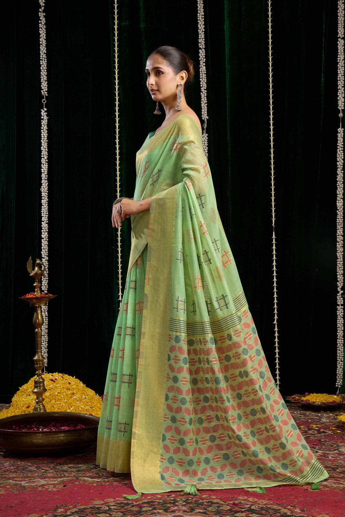 Jyoti Fashion Women's Green Soft Spun Cotton Zari Woven Saree with Blouse | Grocsy