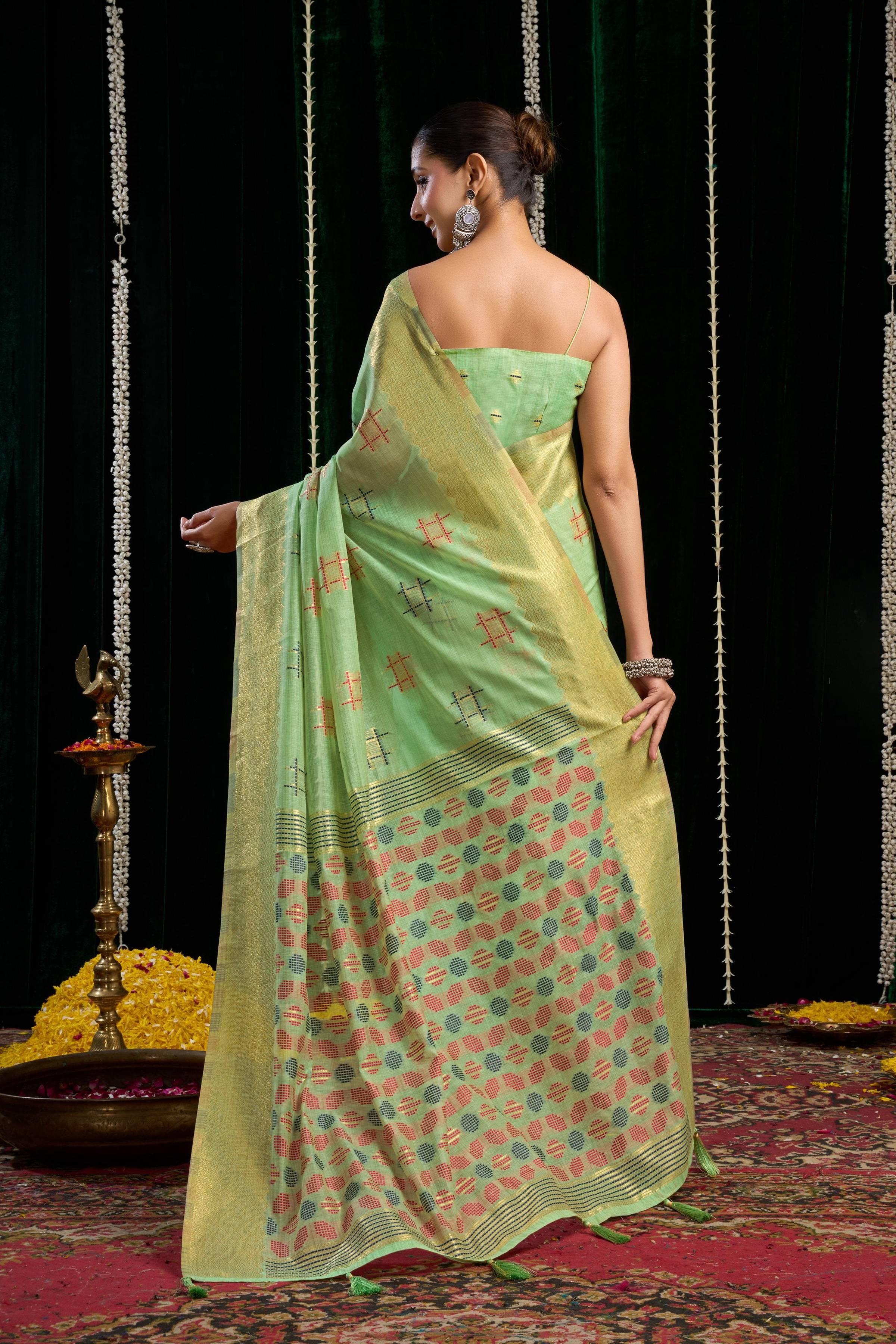 Jyoti Fashion Women's Green Soft Spun Cotton Zari Woven Saree with Blouse | Grocsy