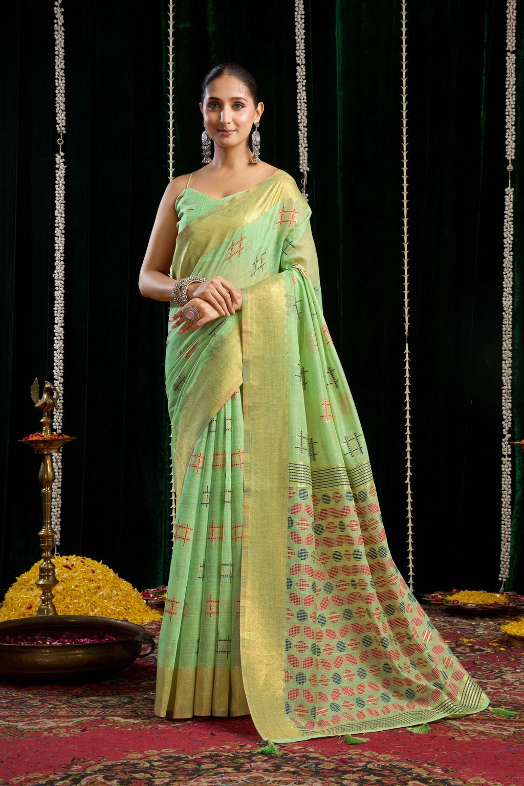 Jyoti Fashion Women's Green Soft Spun Cotton Zari Woven Saree with Blouse | Grocsy