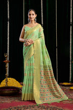Jyoti Fashion Women's Green Soft Spun Cotton Zari Woven Saree with Blouse | Grocsy