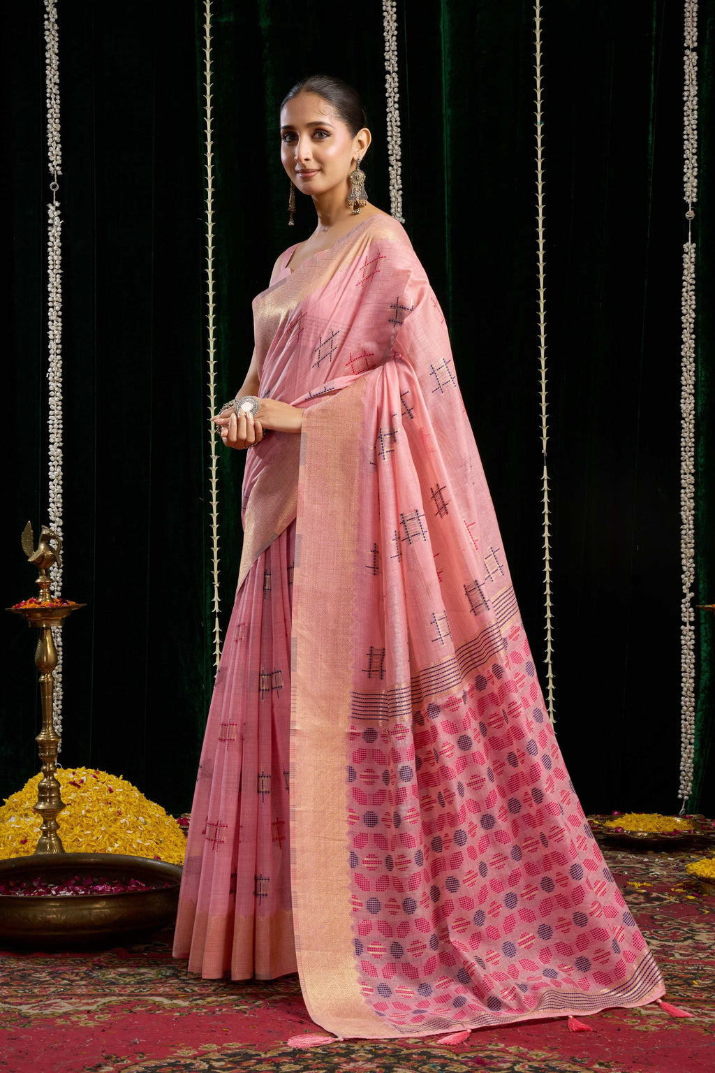 Jyoti Fashion Women's Pink Soft Spun Cotton Zari Woven Saree with Blouse | Grocsy