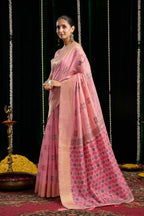 Jyoti Fashion Women's Pink Soft Spun Cotton Zari Woven Saree with Blouse | Grocsy