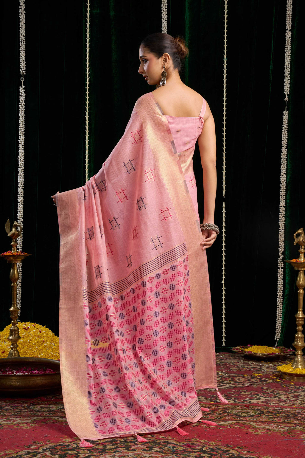 Jyoti Fashion Women's Pink Soft Spun Cotton Zari Woven Saree with Blouse | Grocsy
