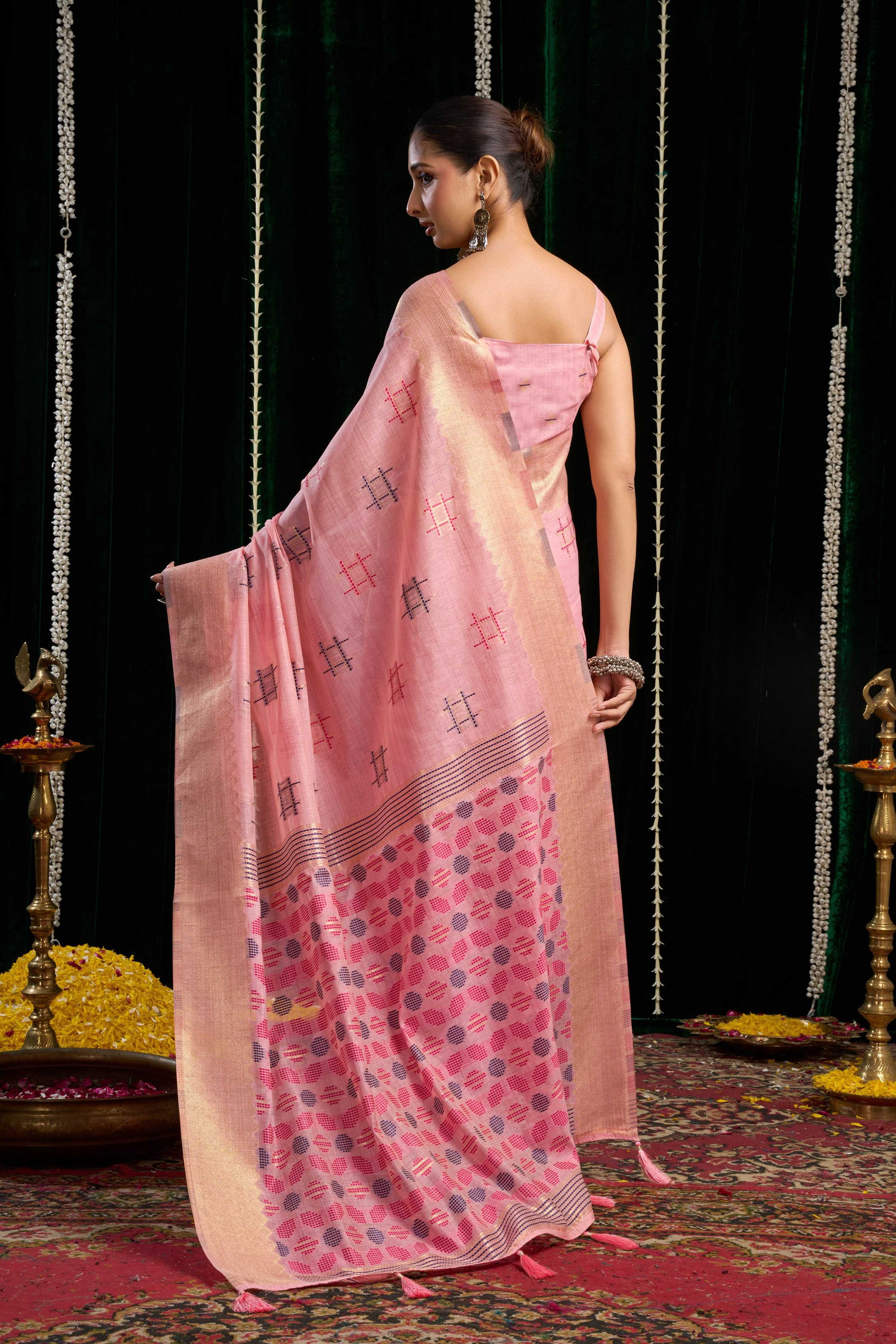Jyoti Fashion Women's Pink Soft Spun Cotton Zari Woven Saree with Blouse | Grocsy