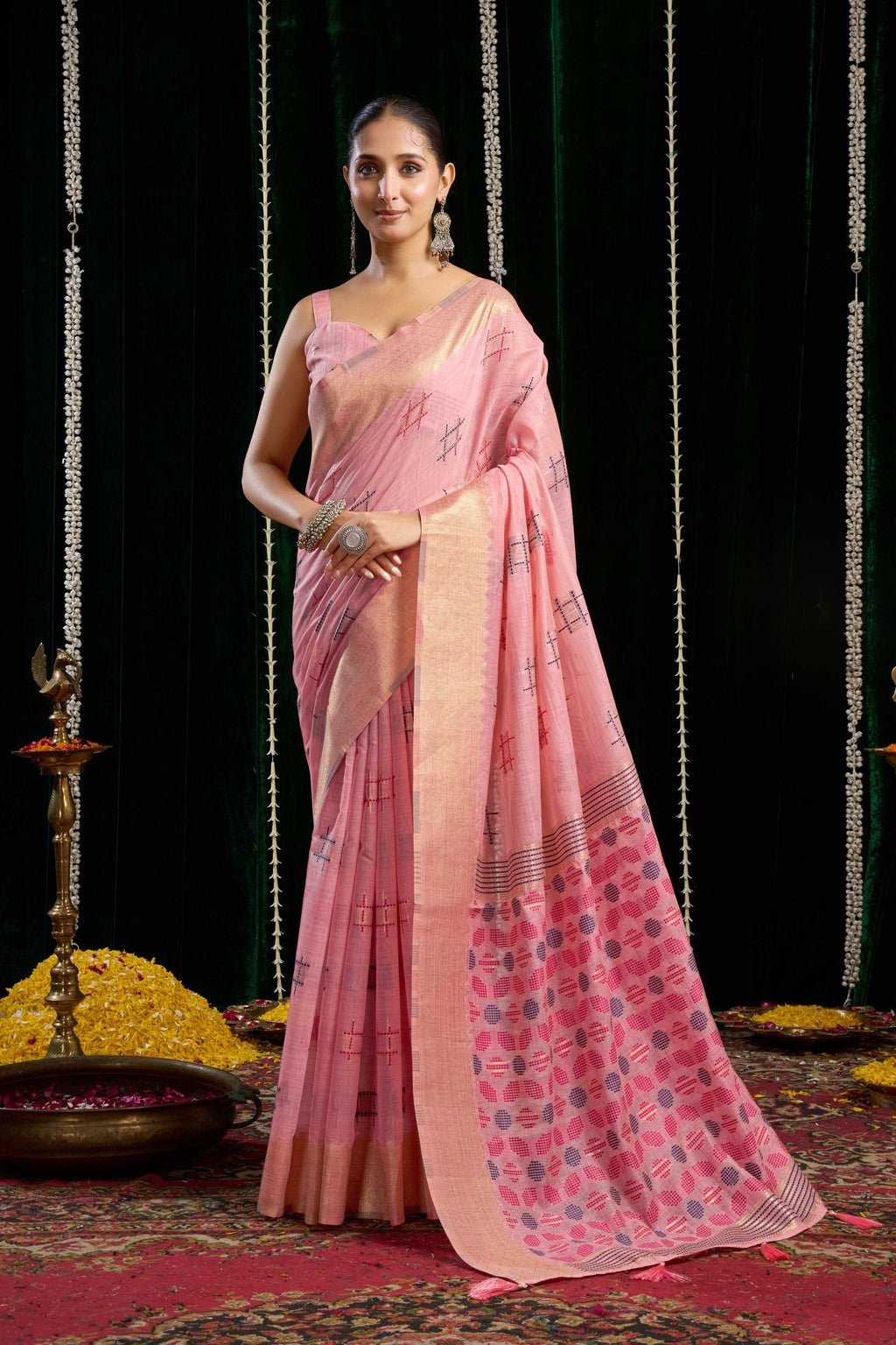 Jyoti Fashion Women's Pink Soft Spun Cotton Zari Woven Saree with Blouse | Grocsy