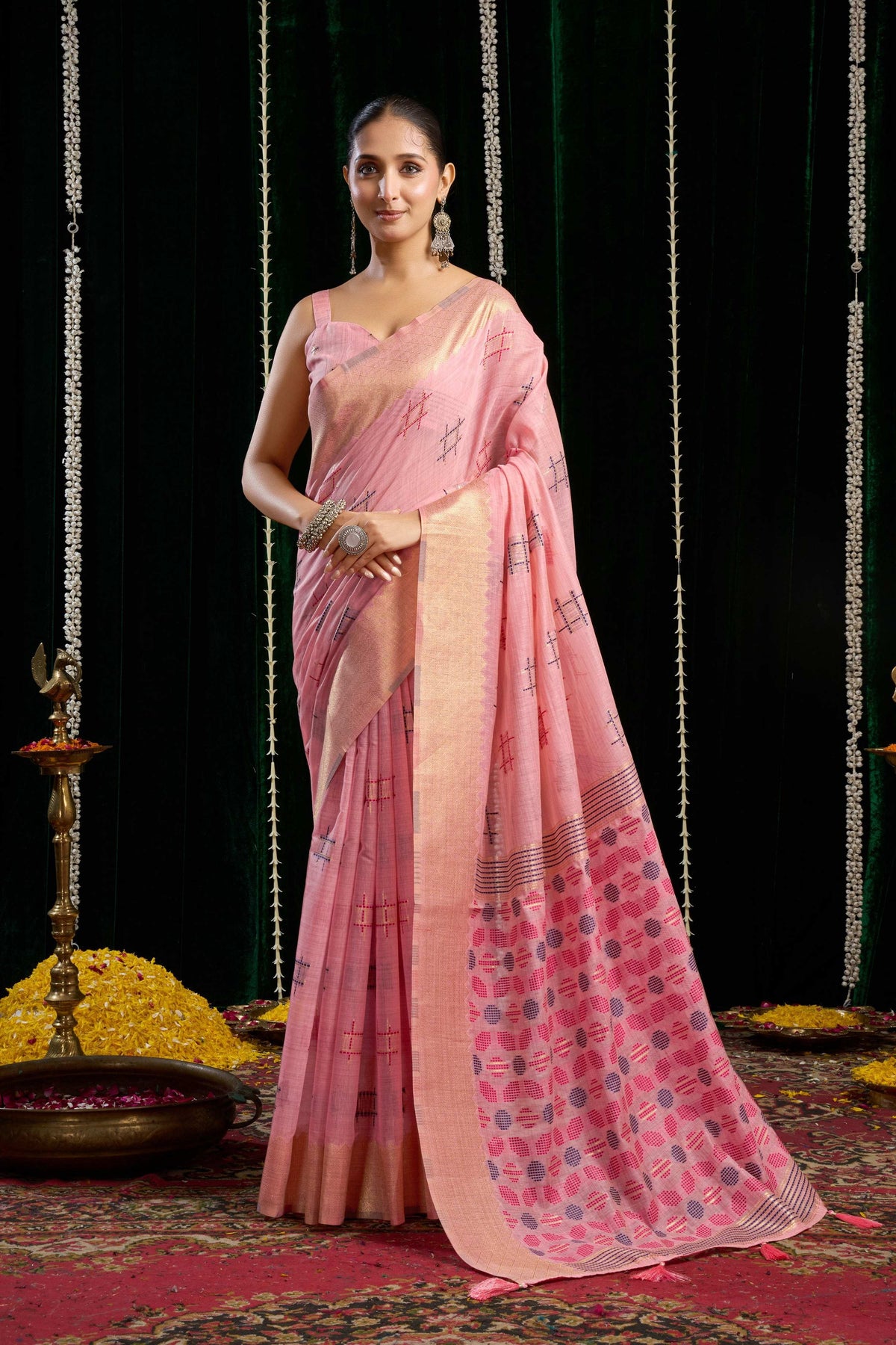Jyoti Fashion Women's Pink Soft Spun Cotton Zari Woven Saree with Blouse | Grocsy