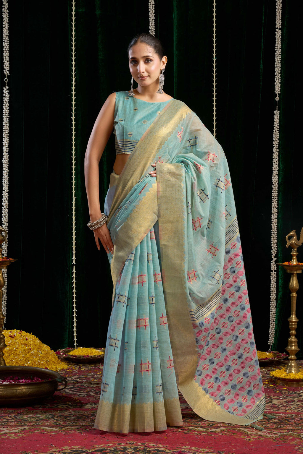 Jyoti Fashion Women's Turquoise Soft Spun Cotton Zari Woven Saree with Blouse | Grocsy