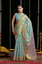 Jyoti Fashion Women's Turquoise Soft Spun Cotton Zari Woven Saree with Blouse | Grocsy