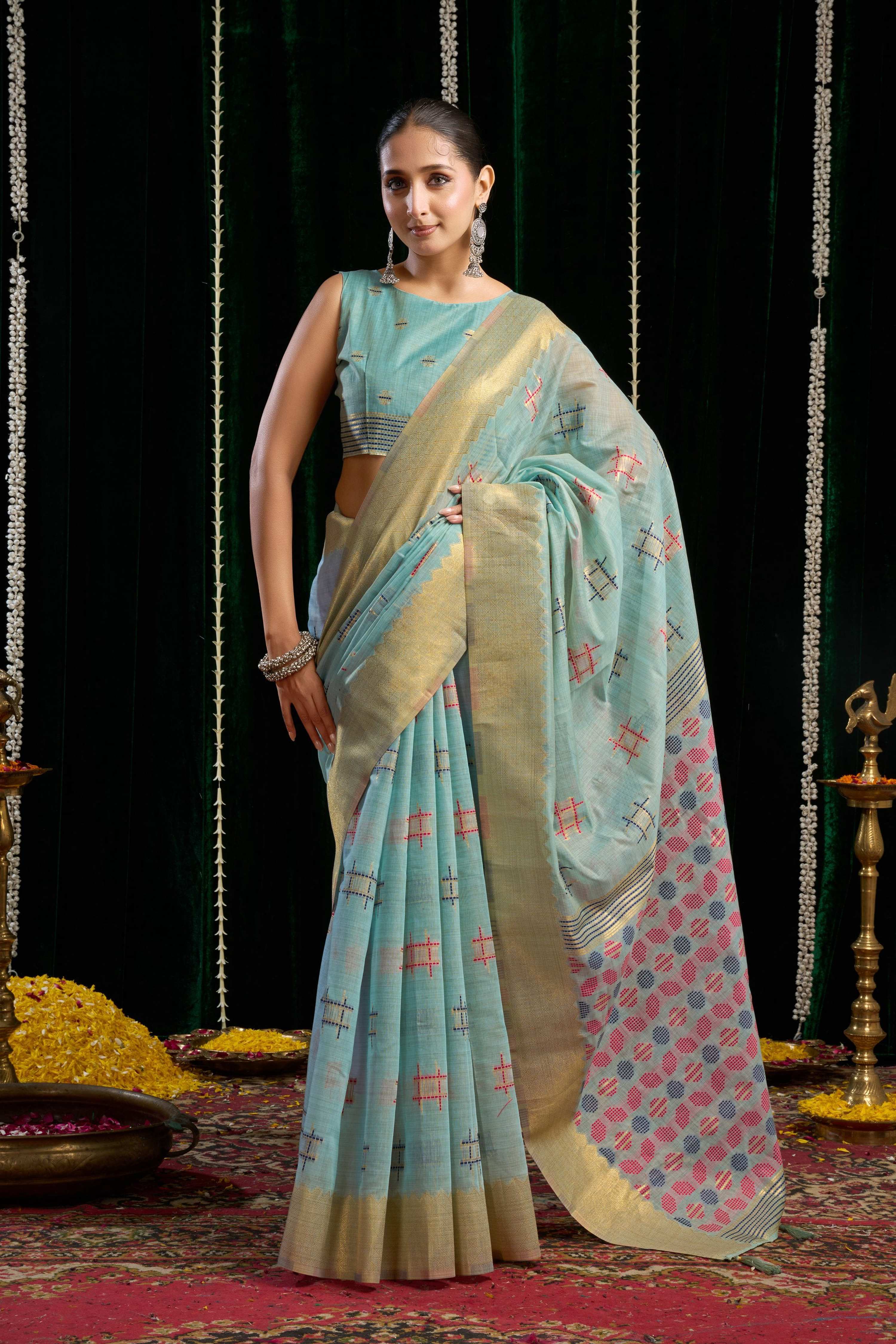 Jyoti Fashion Women's Turquoise Soft Spun Cotton Zari Woven Saree with Blouse | Grocsy