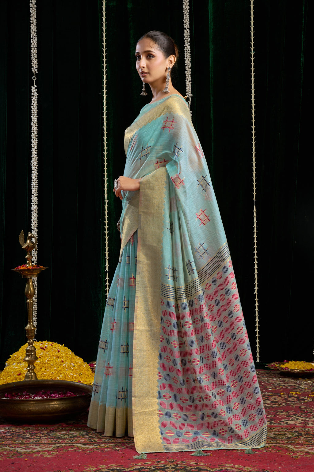 Jyoti Fashion Women's Turquoise Soft Spun Cotton Zari Woven Saree with Blouse | Grocsy