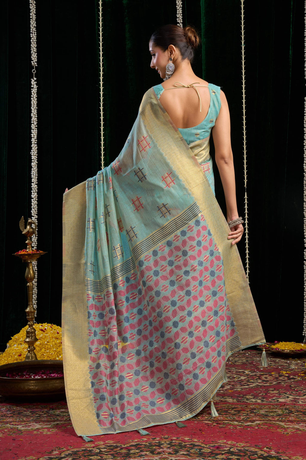 Jyoti Fashion Women's Turquoise Soft Spun Cotton Zari Woven Saree with Blouse | Grocsy