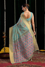 Jyoti Fashion Women's Turquoise Soft Spun Cotton Zari Woven Saree with Blouse | Grocsy