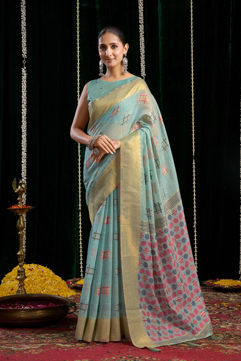 Jyoti Fashion Women's Turquoise Soft Spun Cotton Zari Woven Saree with Blouse | Grocsy