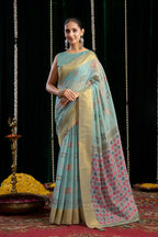 Jyoti Fashion Women's Turquoise Soft Spun Cotton Zari Woven Saree with Blouse | Grocsy