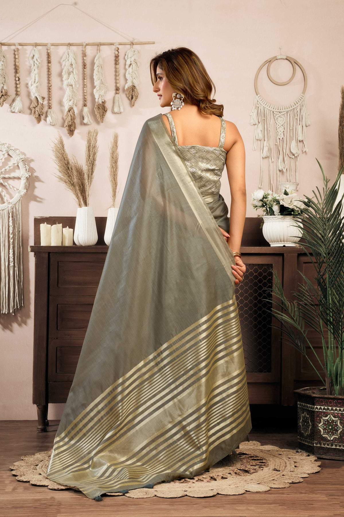 Jyoti Fashion Women's Grey Khadi Cotton Zari Woven Saree with Blouse | Grocsy