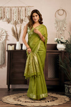 Jyoti Fashion Women's Green Khadi Cotton Zari Woven Saree with Blouse | Grocsy