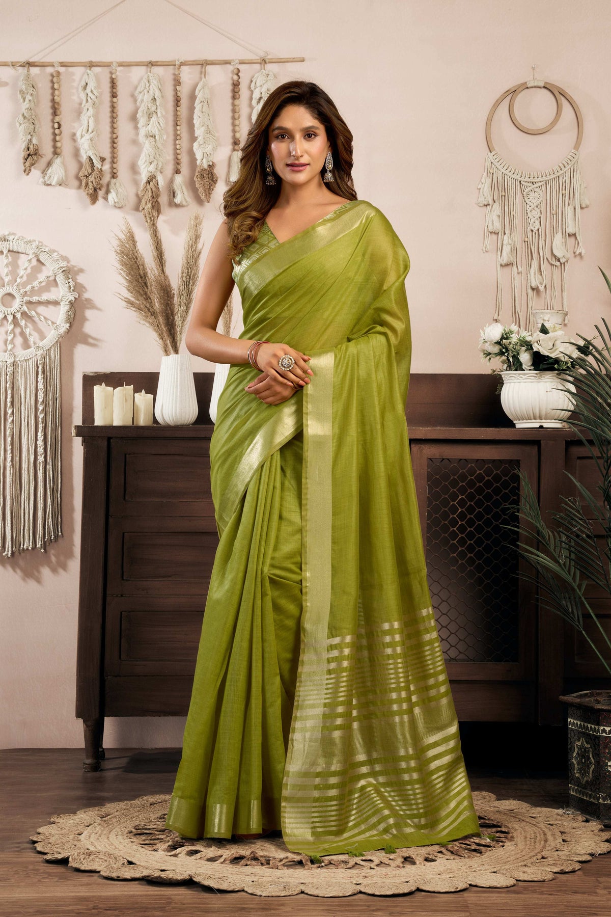 Jyoti Fashion Women's Green Khadi Cotton Zari Woven Saree with Blouse | Grocsy