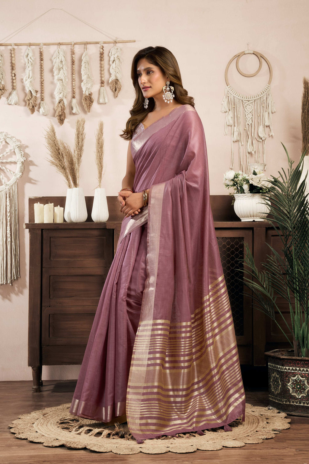 Jyoti Fashion Women's Wine Khadi Cotton Zari Woven Saree with Blouse | Grocsy