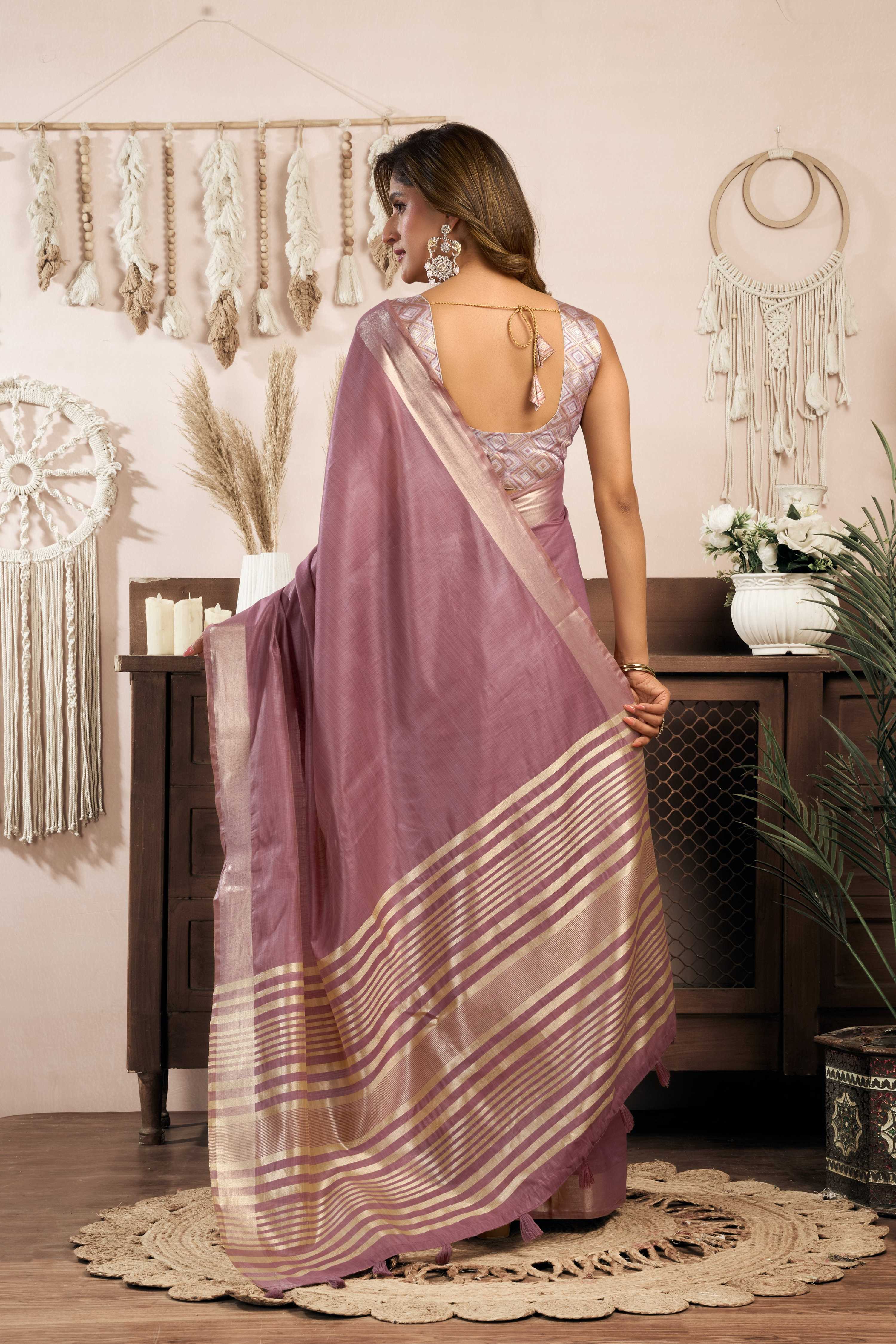 Jyoti Fashion Women's Wine Khadi Cotton Zari Woven Saree with Blouse | Grocsy