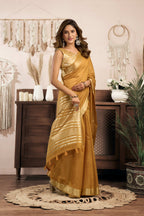 Jyoti Fashion Women's Mustard Khadi Cotton Zari Woven Saree with Blouse | Grocsy