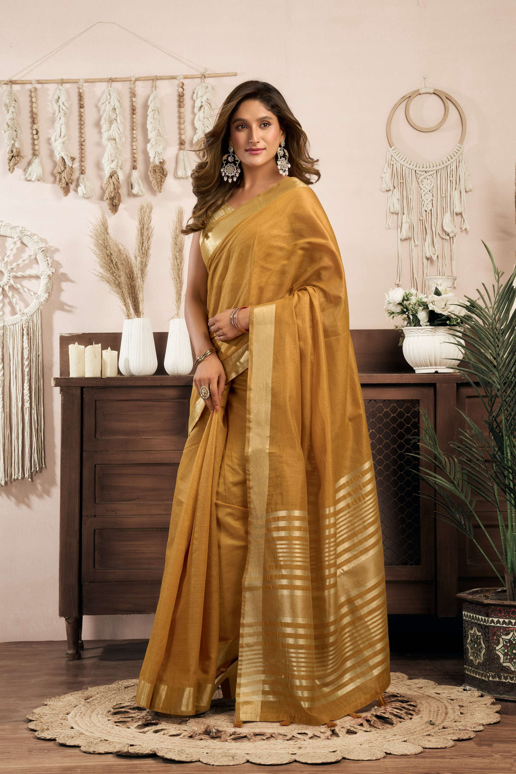 Jyoti Fashion Women's Mustard Khadi Cotton Zari Woven Saree with Blouse | Grocsy