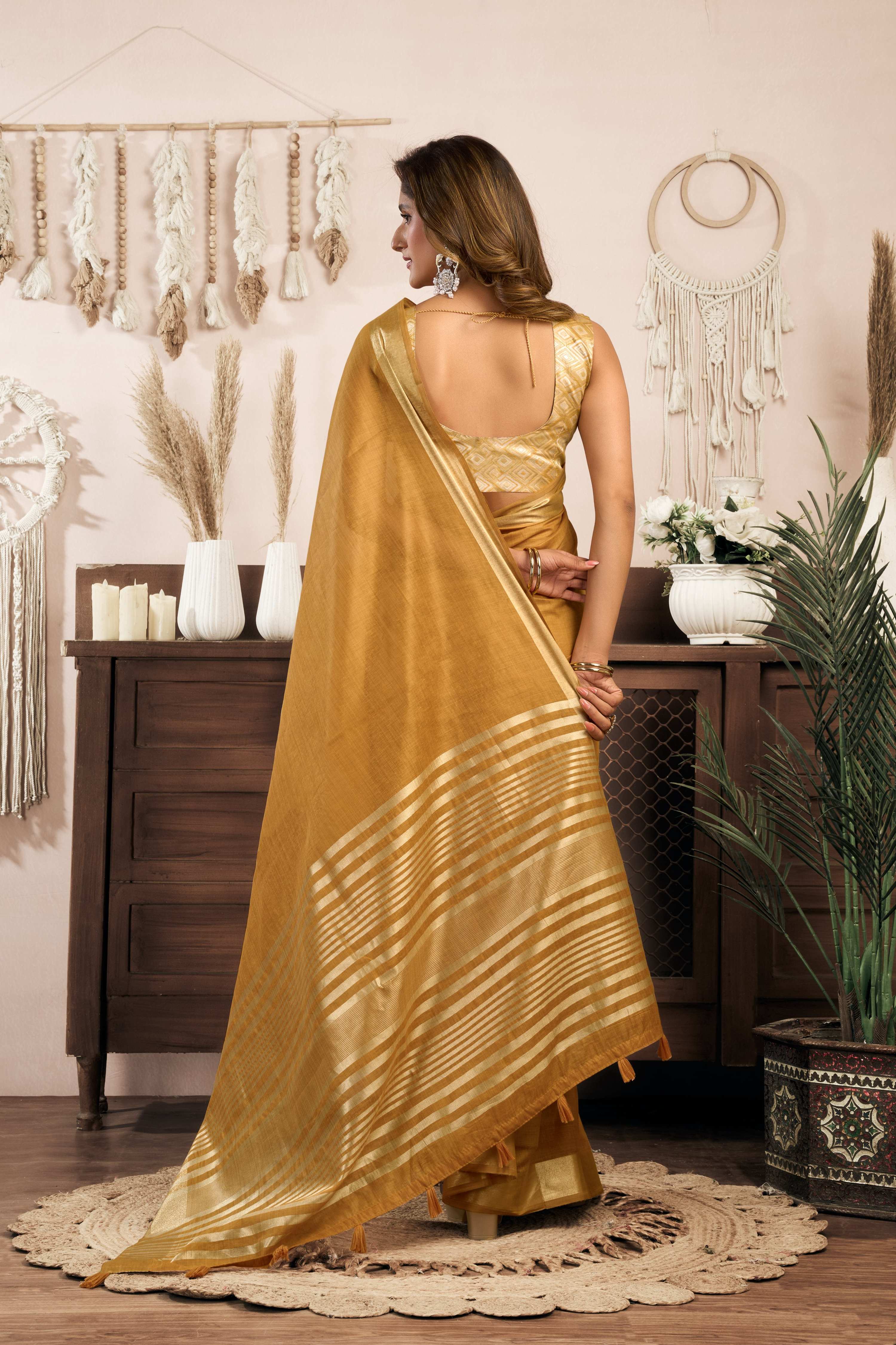 Jyoti Fashion Women's Mustard Khadi Cotton Zari Woven Saree with Blouse | Grocsy