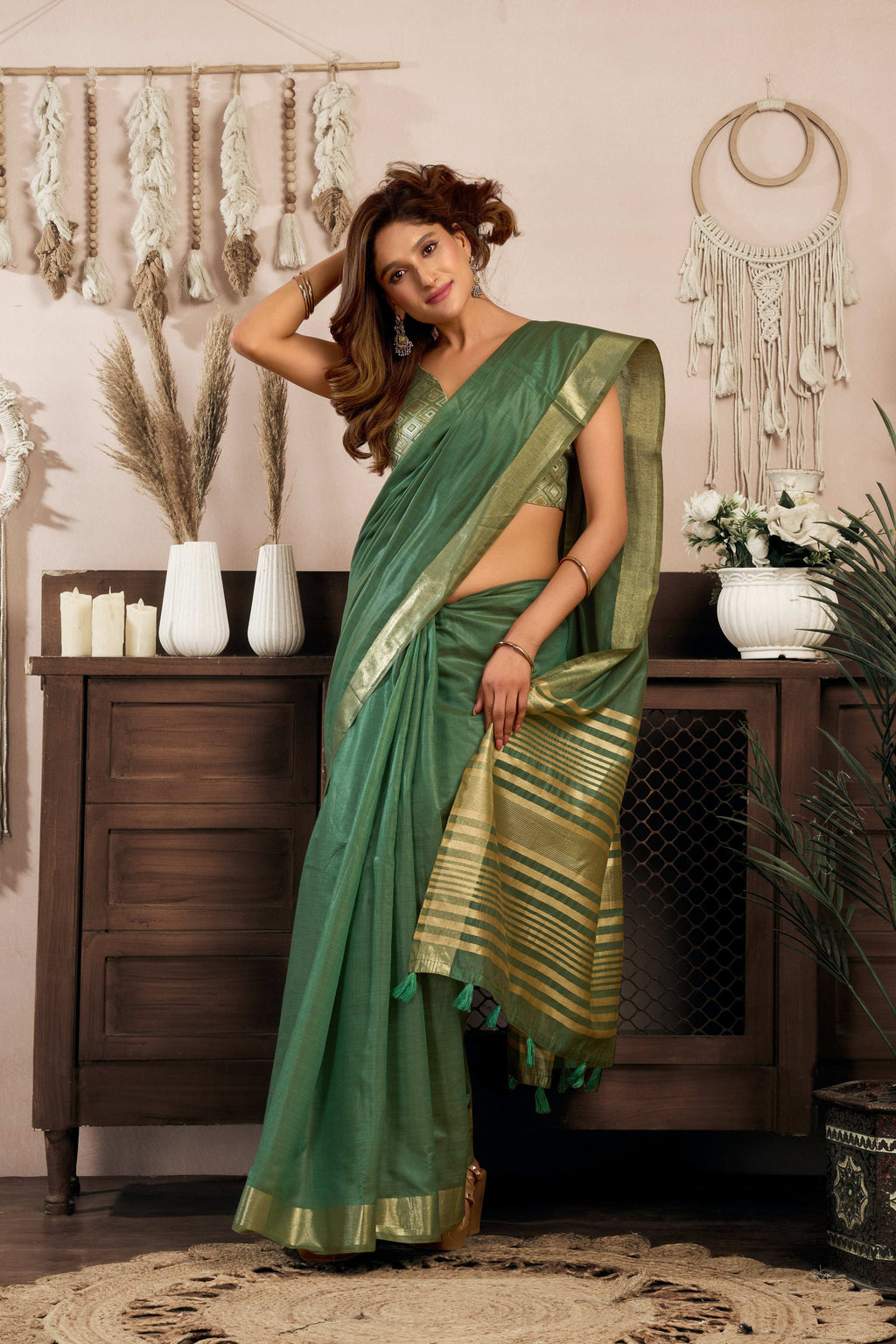 Jyoti Fashion Women's Bottle Green Khadi Cotton Zari Woven Saree with Blouse | Grocsy