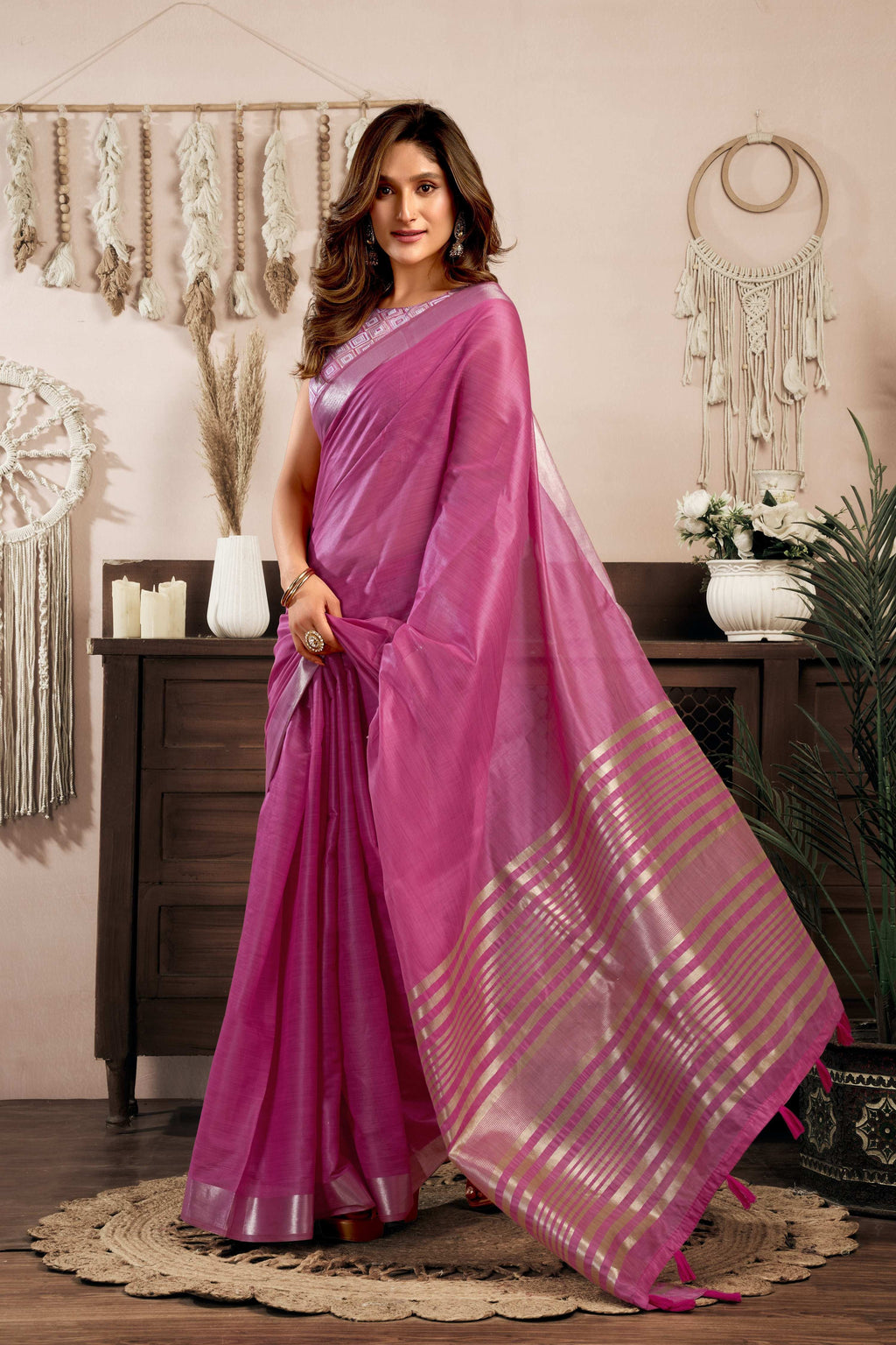 Jyoti Fashion Women's Magenta Khadi Cotton Zari Woven Saree with Blouse | Grocsy
