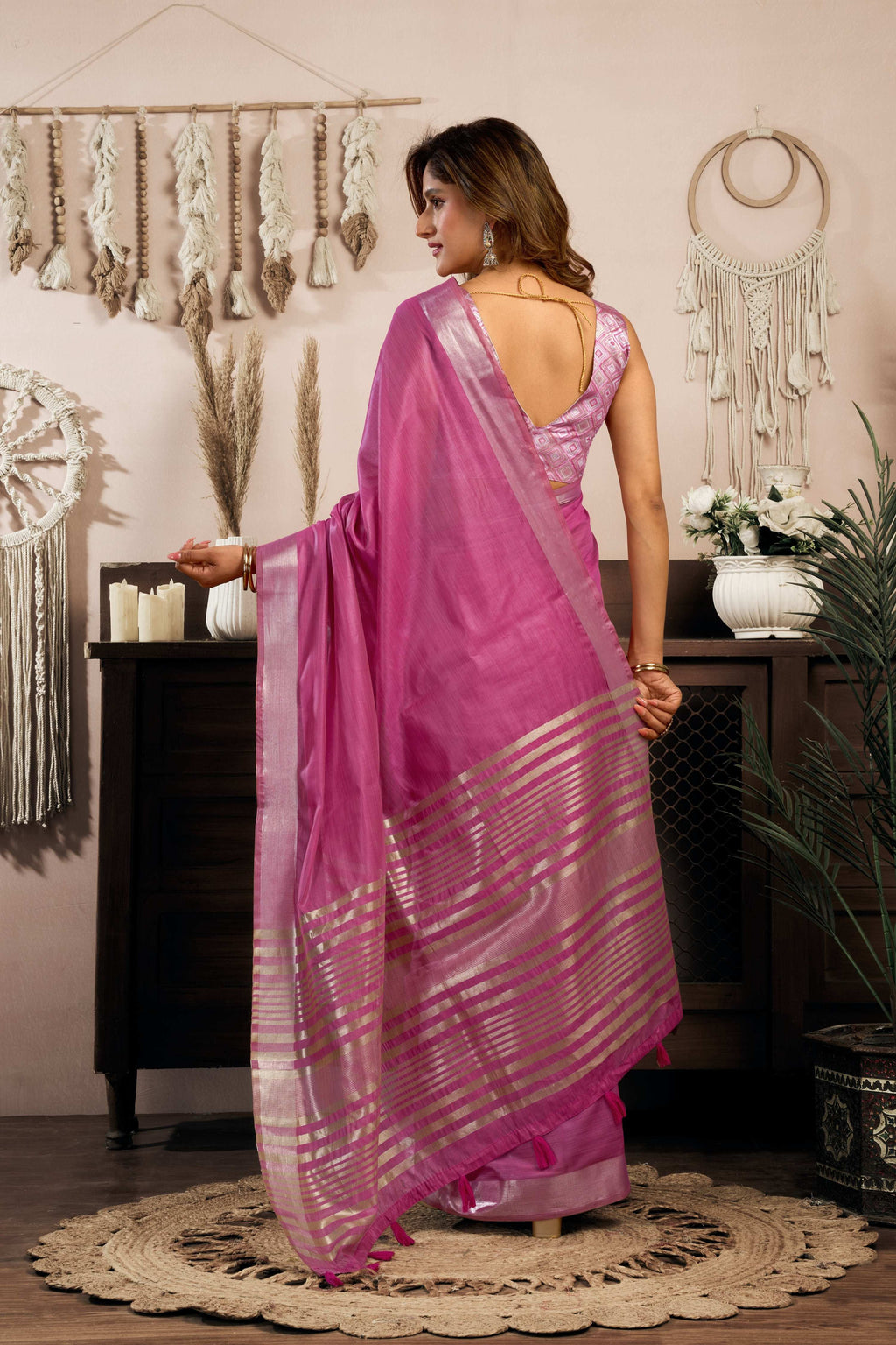 Jyoti Fashion Women's Magenta Khadi Cotton Zari Woven Saree with Blouse | Grocsy