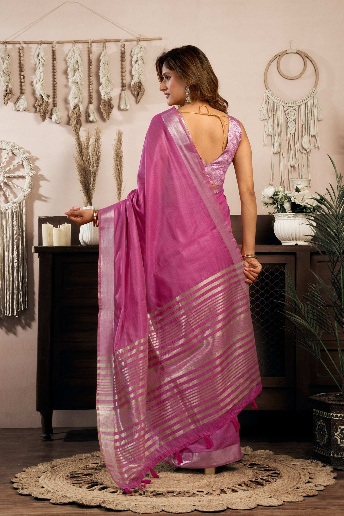 Jyoti Fashion Women's Magenta Khadi Cotton Zari Woven Saree with Blouse | Grocsy