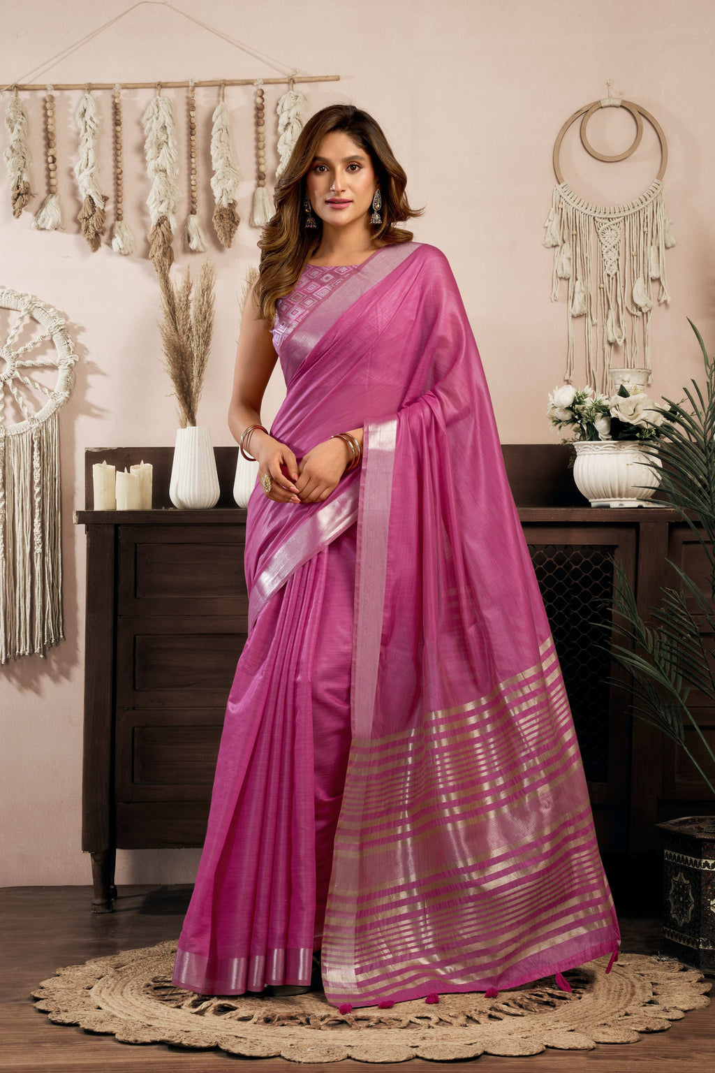 Jyoti Fashion Women's Magenta Khadi Cotton Zari Woven Saree with Blouse | Grocsy