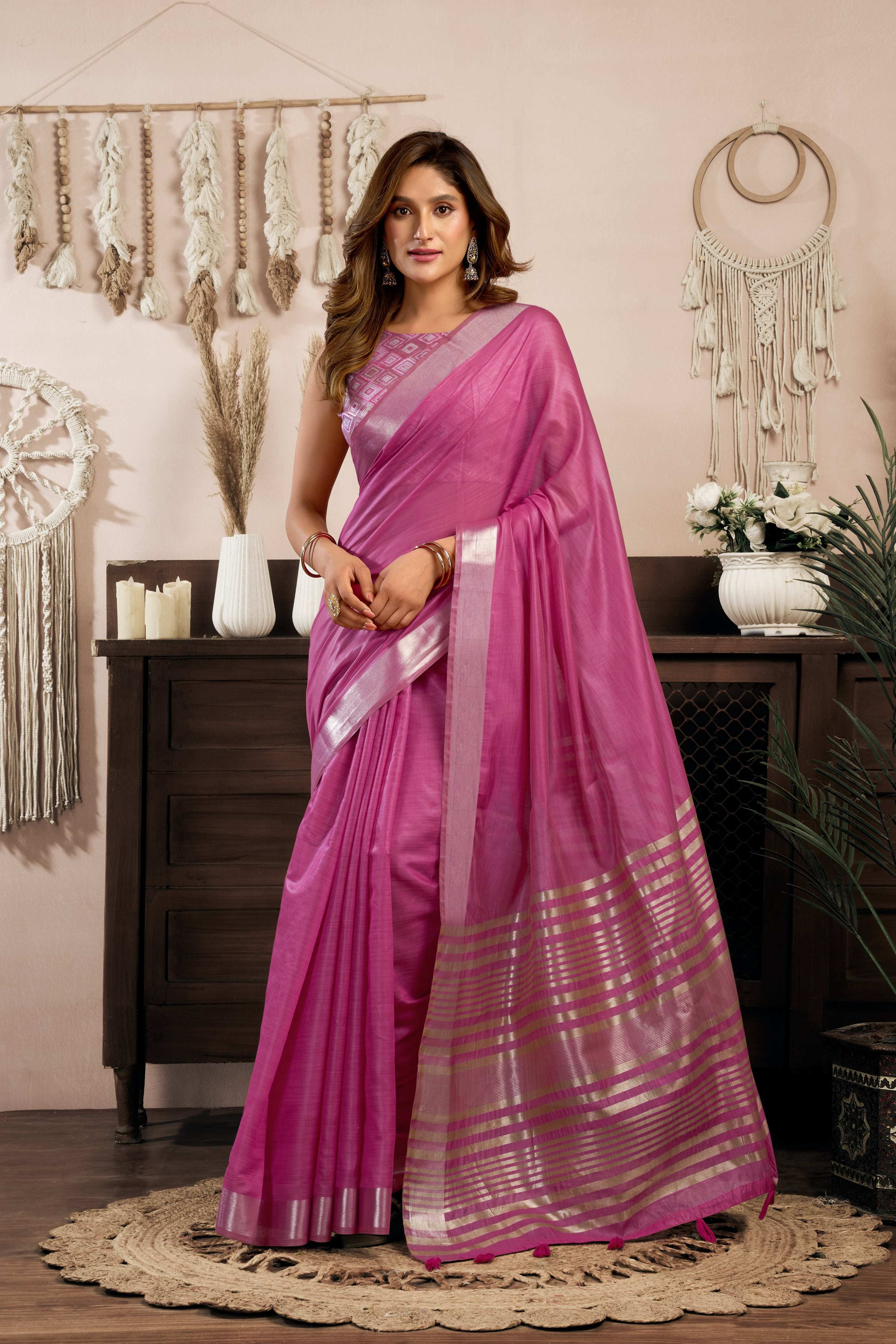 Jyoti Fashion Women's Magenta Khadi Cotton Zari Woven Saree with Blouse | Grocsy