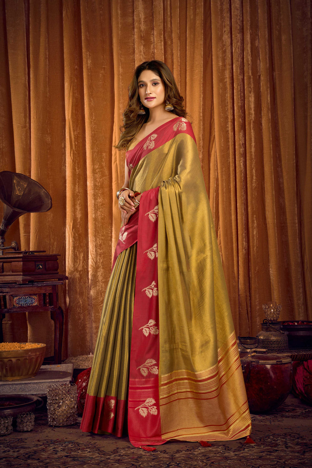 Jyoti Fashion Women's Mehendi Soft Tissue Zari Woven Saree with Blouse | Grocsy