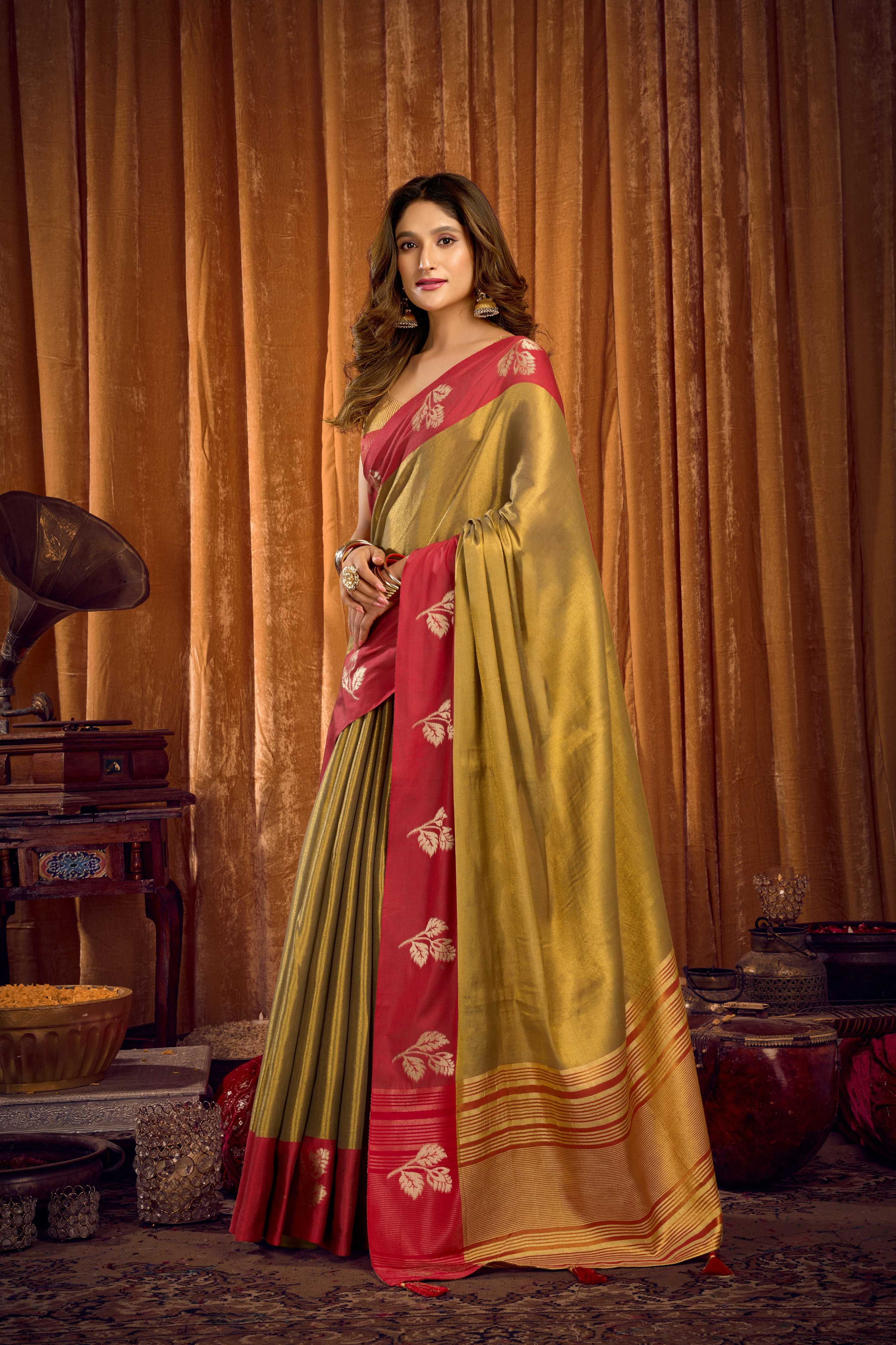 Jyoti Fashion Women's Mehendi Soft Tissue Zari Woven Saree with Blouse | Grocsy