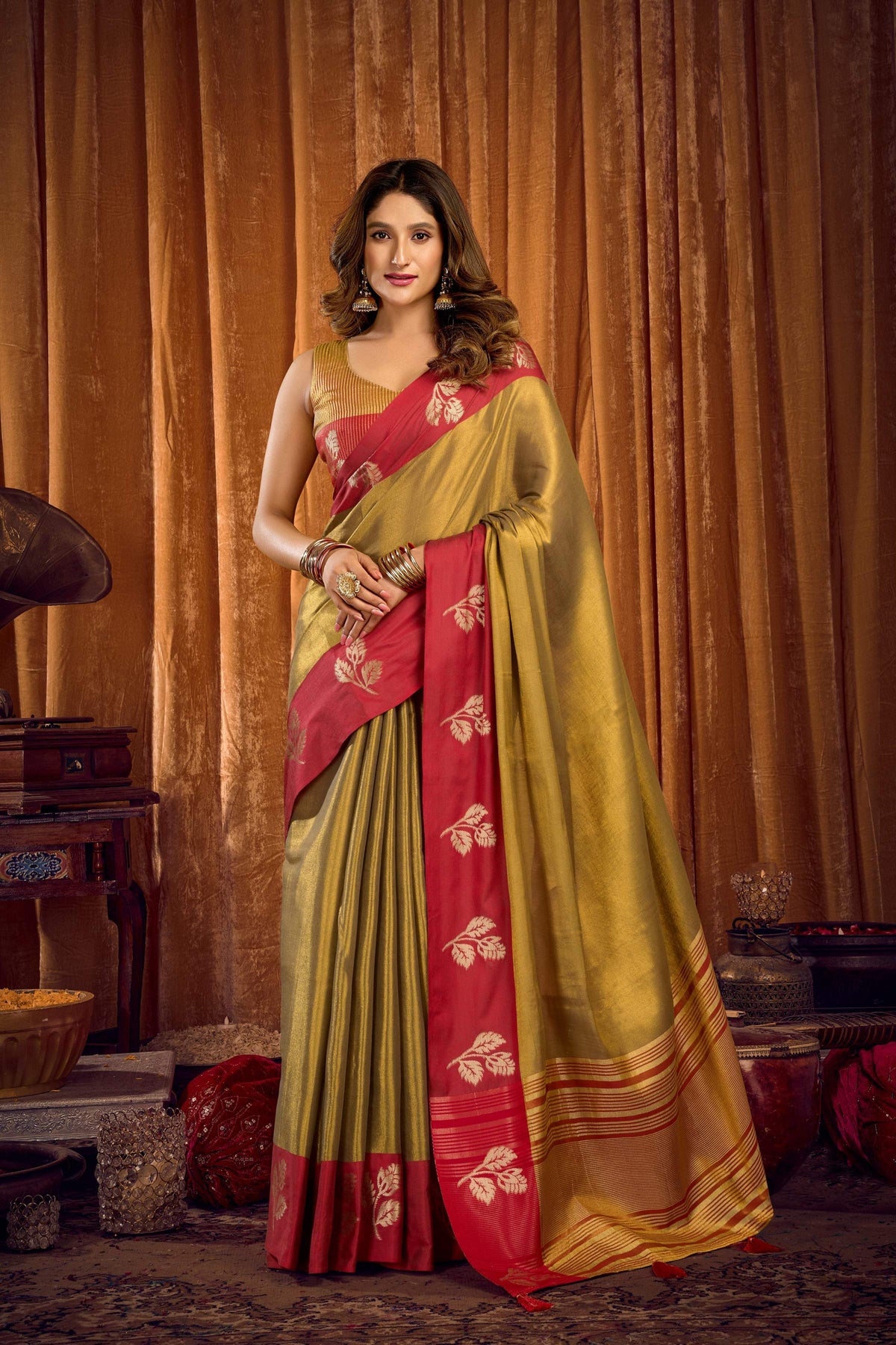 Jyoti Fashion Women's Mehendi Soft Tissue Zari Woven Saree with Blouse | Grocsy
