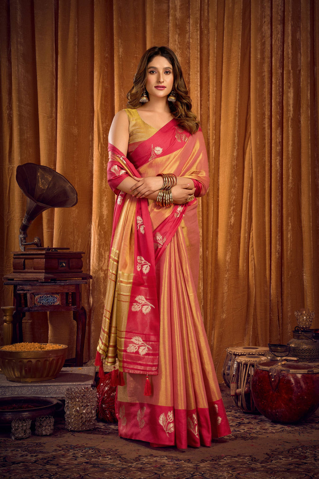 Jyoti Fashion Women's Peach Soft Tissue Zari Woven Saree with Blouse | Grocsy