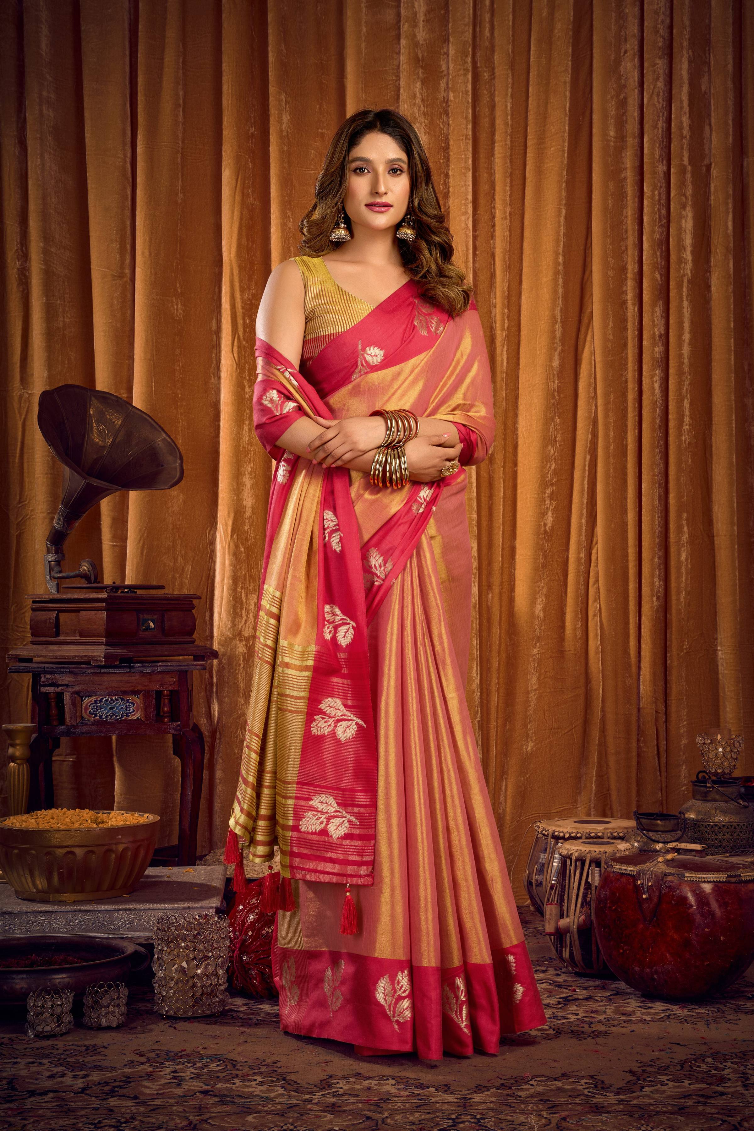 Jyoti Fashion Women's Peach Soft Tissue Zari Woven Saree with Blouse | Grocsy