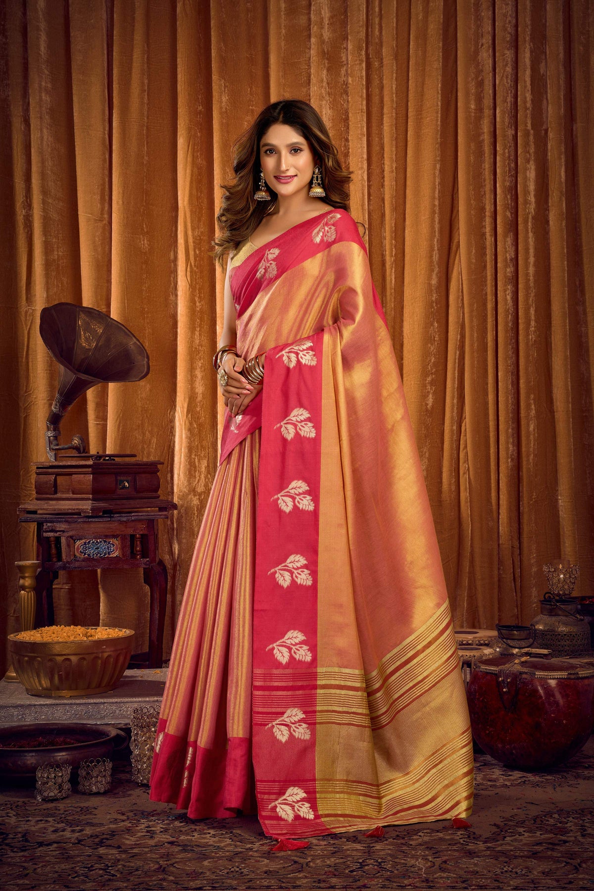 Jyoti Fashion Women's Peach Soft Tissue Zari Woven Saree with Blouse | Grocsy