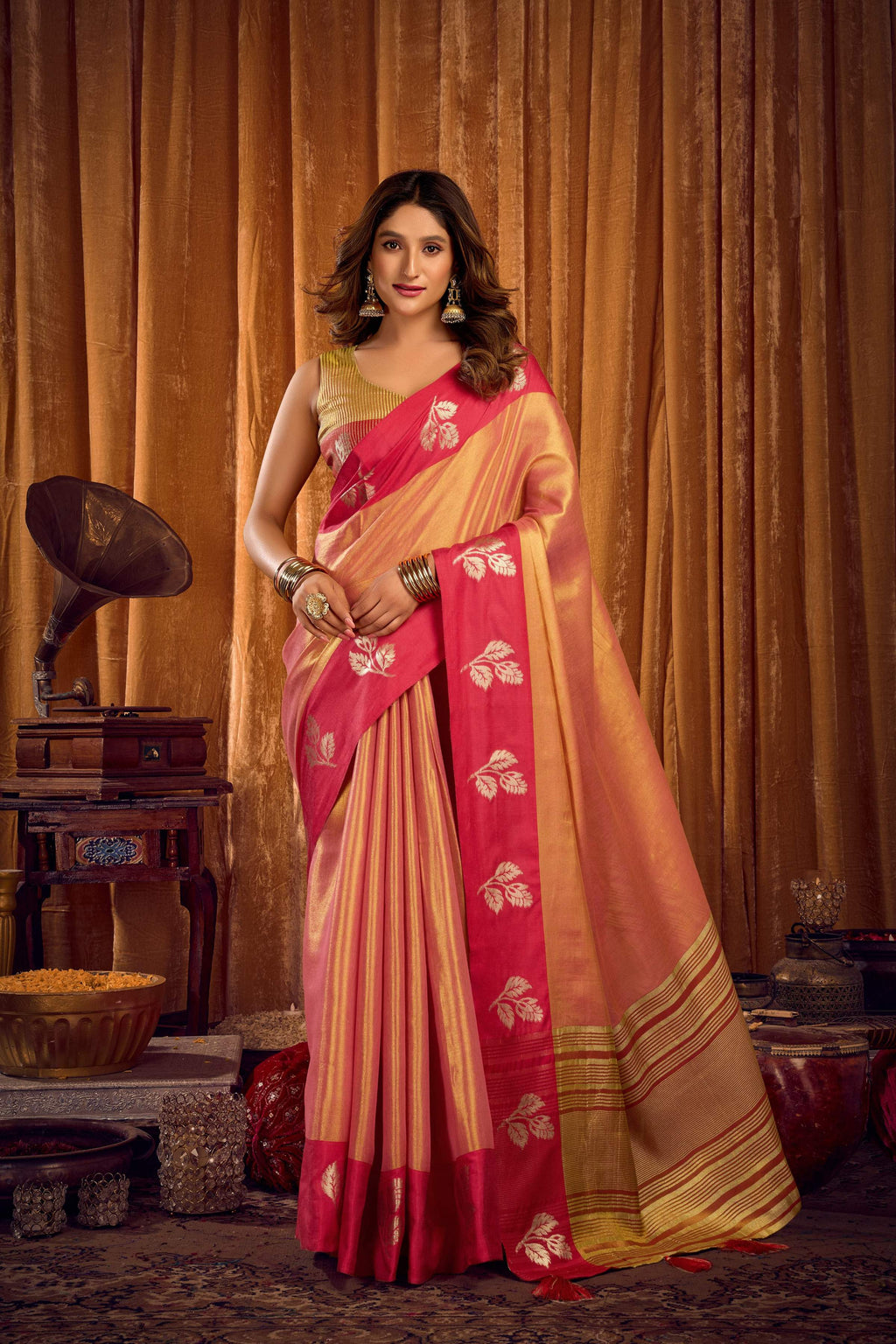 Jyoti Fashion Women's Peach Soft Tissue Zari Woven Saree with Blouse | Grocsy