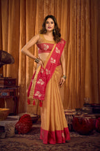 Jyoti Fashion Women's Beige Soft Tissue Zari Woven Saree with Blouse | Grocsy