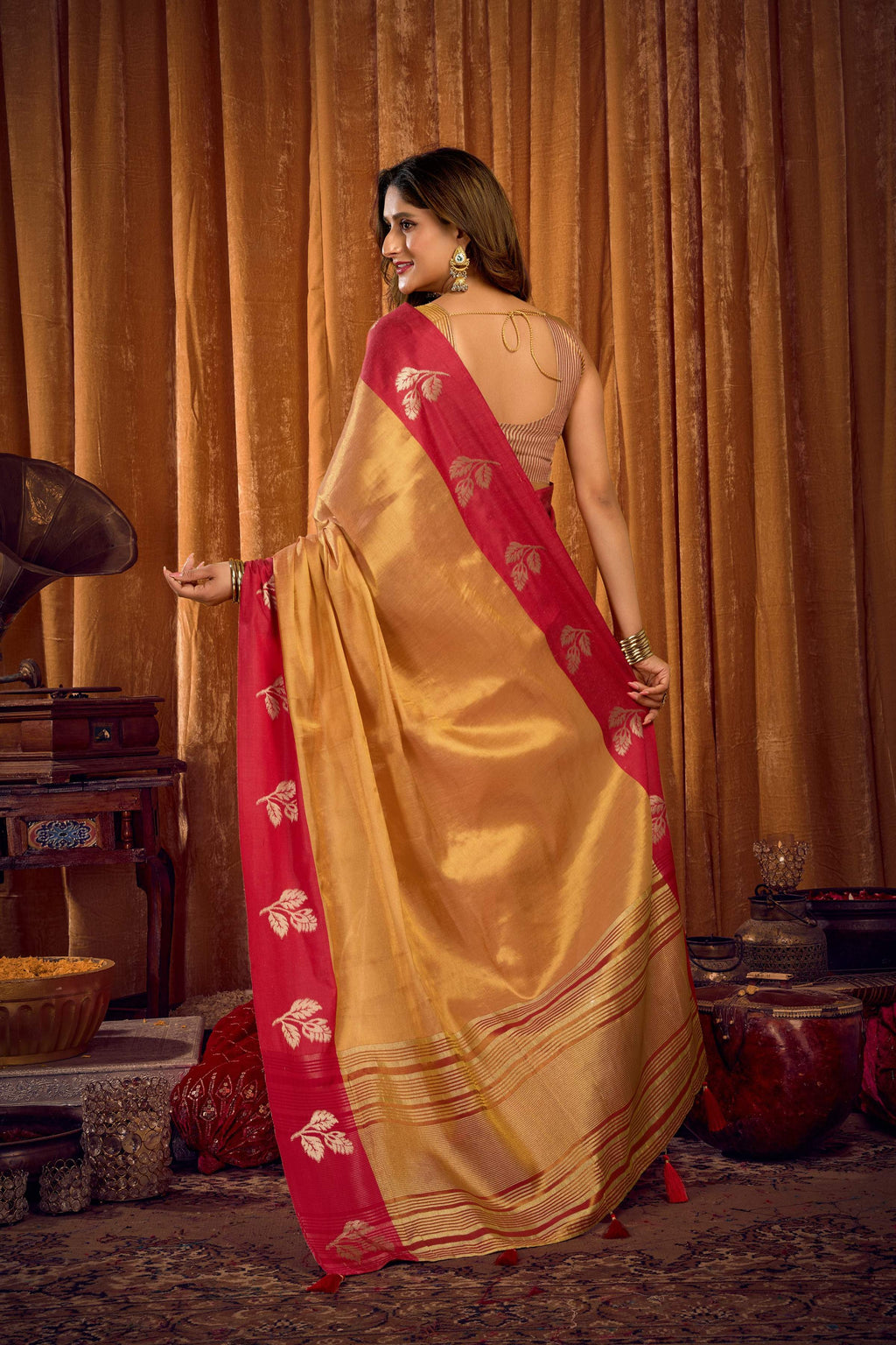 Jyoti Fashion Women's Beige Soft Tissue Zari Woven Saree with Blouse | Grocsy