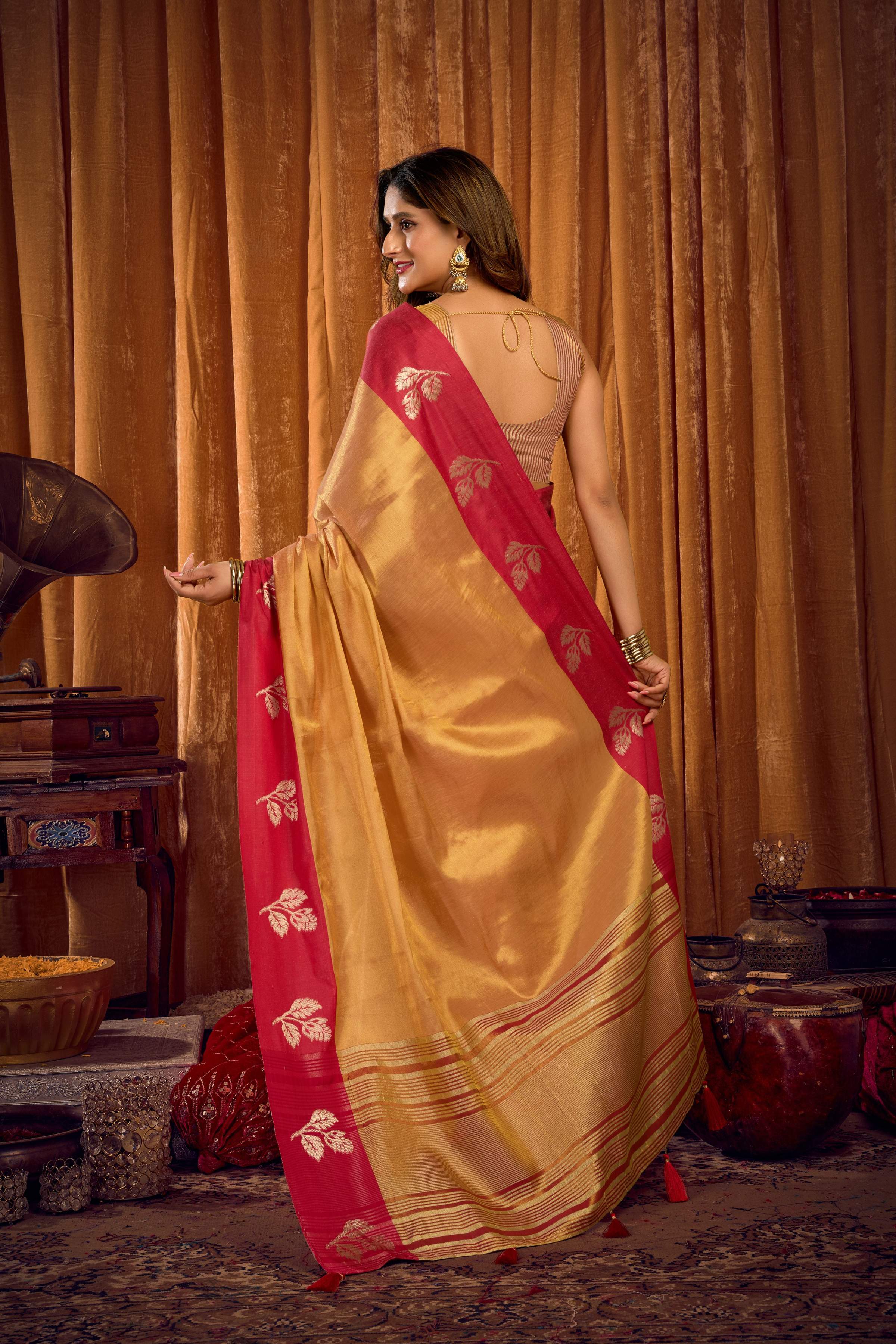 Jyoti Fashion Women's Beige Soft Tissue Zari Woven Saree with Blouse | Grocsy