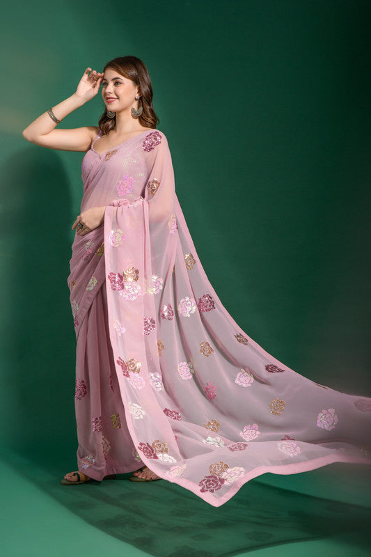 Jyoti Fashion Women's Pink Sequence Georgette Saree with Blouse | Grocsy