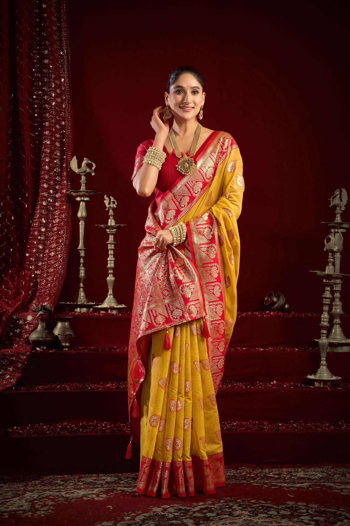 Jyoti Fashion Women's Yellow Modal Banarasi Zari Woven Saree with Blouse | Grocsy