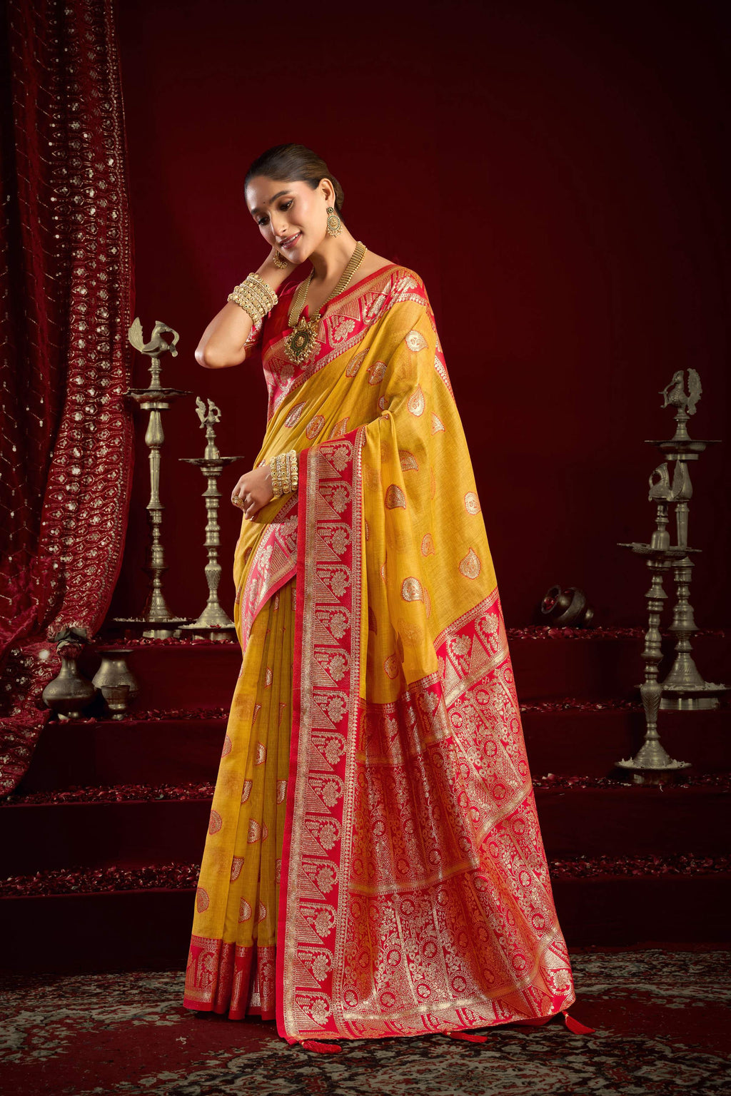Jyoti Fashion Women's Yellow Modal Banarasi Zari Woven Saree with Blouse | Grocsy