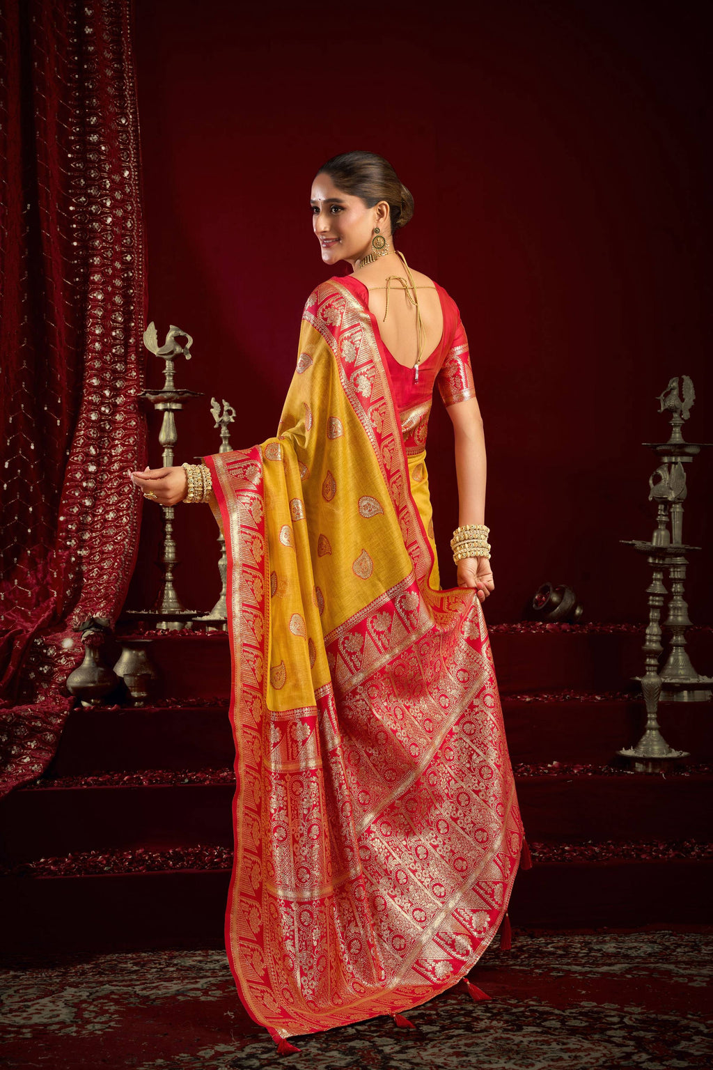 Jyoti Fashion Women's Yellow Modal Banarasi Zari Woven Saree with Blouse | Grocsy