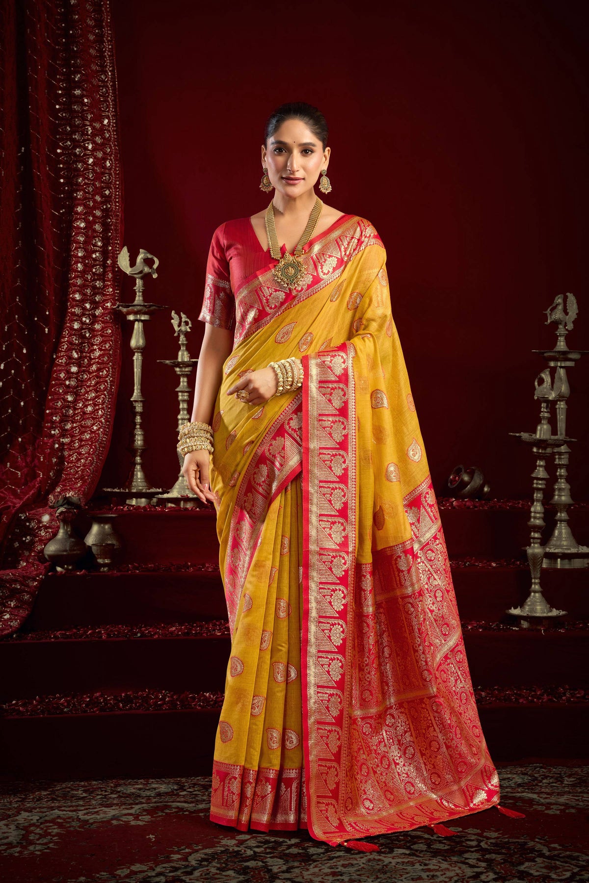 Jyoti Fashion Women's Yellow Modal Banarasi Zari Woven Saree with Blouse | Grocsy