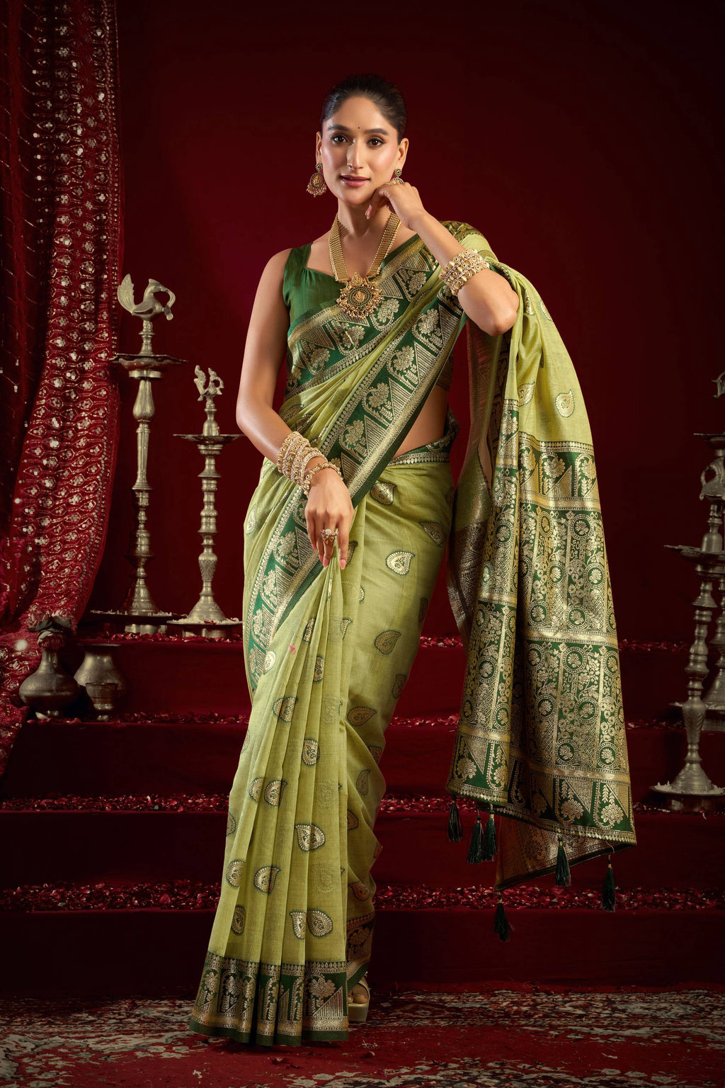 Jyoti Fashion Women's Pista Green Modal Banarasi Zari Woven Saree with Blouse | Grocsy