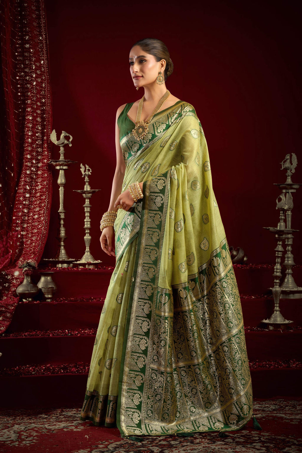 Jyoti Fashion Women's Pista Green Modal Banarasi Zari Woven Saree with Blouse | Grocsy